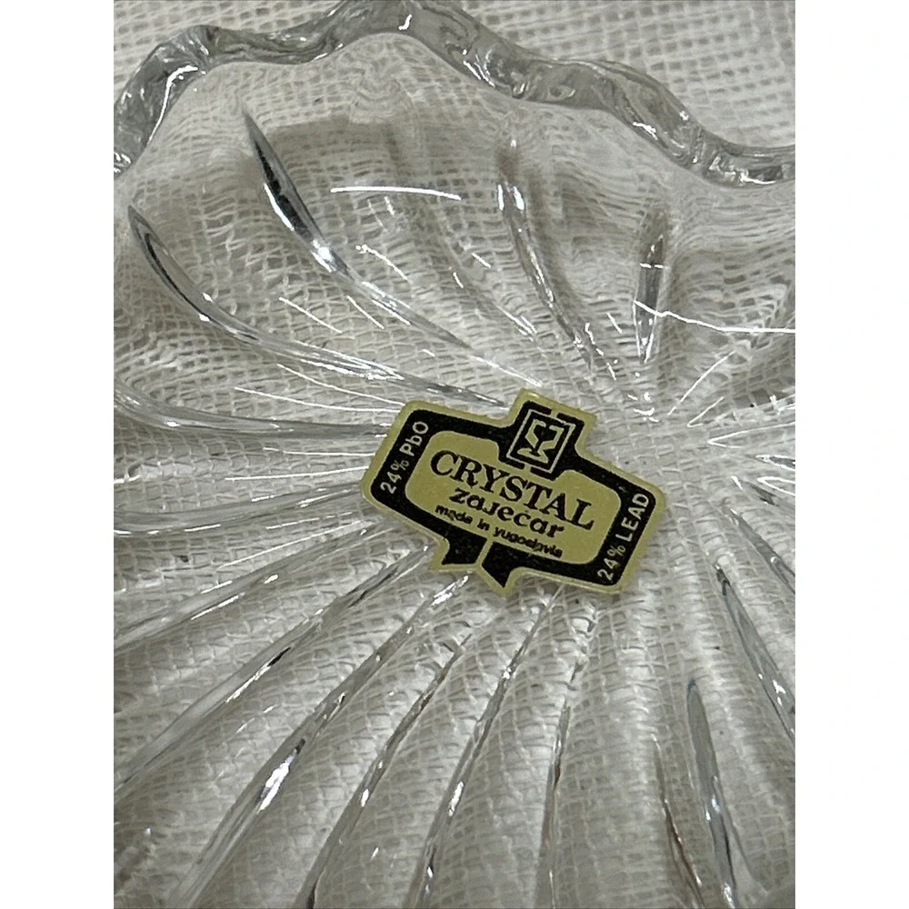 Lead CRYSTAL Heart Shaped Dish With Powder Puffs Trinkets Tray Cosmetics Zajecar